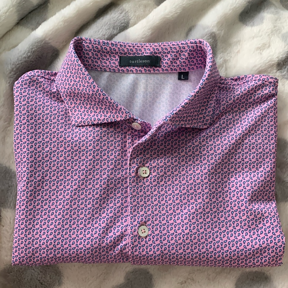 Turtleson Polo Shirt Men's Large Pink Geometric Print All over Golf Walnut Creek